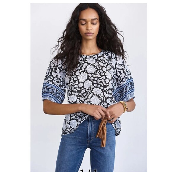NWT Anthropologie Saison De La Fleur Puff-Sleeved Floral Top 100% Organic Cotton - Picture 1 of 7